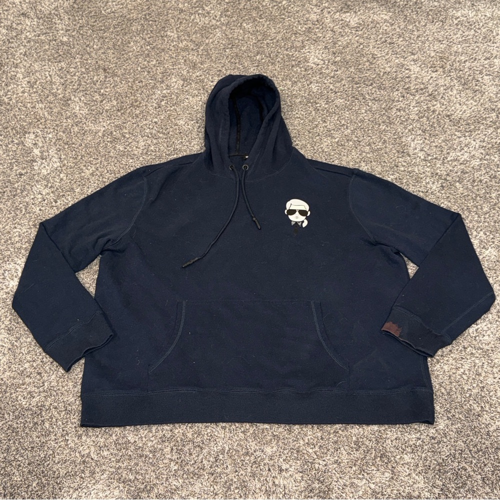 Karl Lagerfeld Men's Cartoon Pullover Hoodie Sweatshirt Navy Blue XXL 2XL
